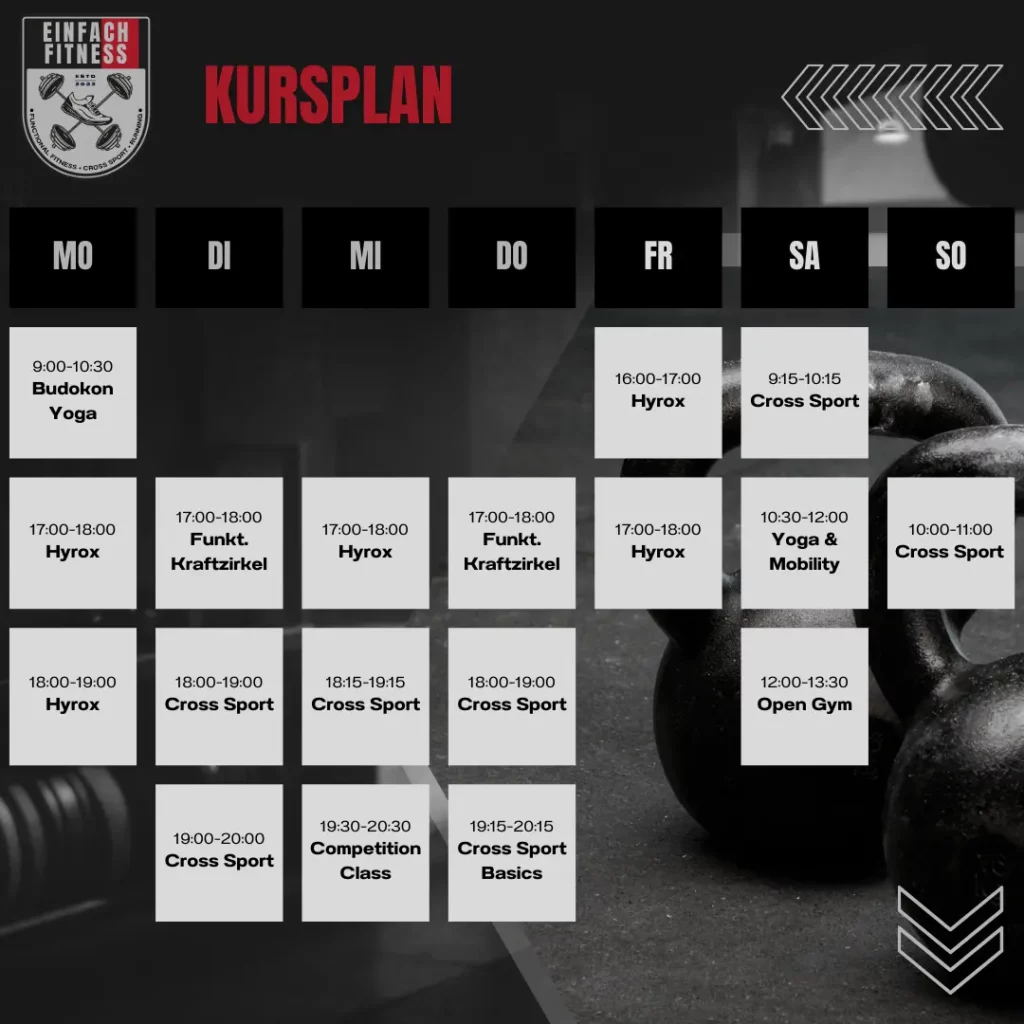 Kursplan der Gruppe Einfach Fitness der KSG Essen – Übersicht über Trainingszeiten im Hyrox & Cross Sport